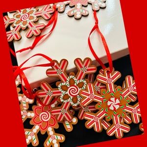 Christmas Wooden Snowflake Ornaments With Red Hanging Ribbon 24pc By BUCHERRY